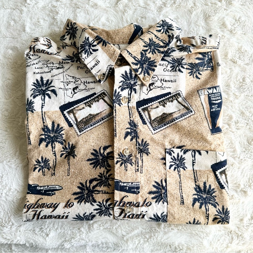 Vintage Crossings Hawaiian Shirt Mens XL Beige Postcard Palm Tree Map Aloha AOP